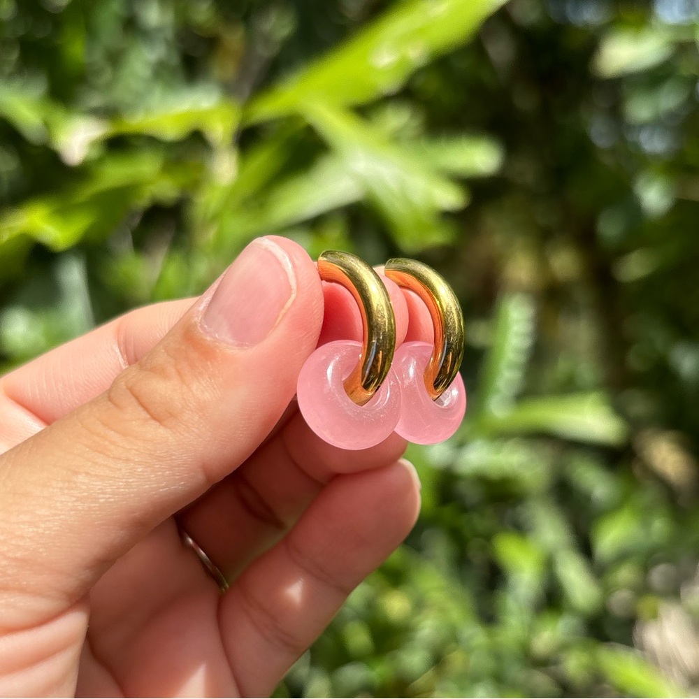 18K Gold Plated Stainless Steel Rose Quartz Stone Hoop Earrings